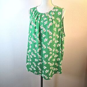 Fun 2 Fun Bright Green & White Floral Sleeveless Blouse Top Plus Size 2X Pleats